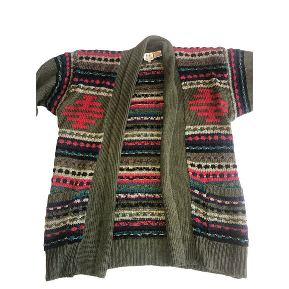 Vintage 80s Grandpa Sweater Spiegel Open Cardigan Green Multi Shawl Collar M/L - Picture 4 of 9